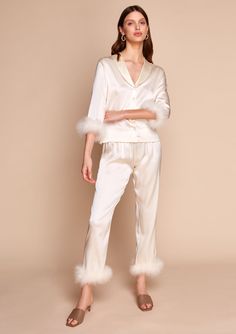 Gilda & Pearl | Celeste Ivory Feather Silk Pyjama | Bridal Loungewear Silk Loungewear, Luxury Loungewear, Long Slip, Bridal Wrap, Silk Pajama Set, Loungewear Luxury, Feather Trim, Silk Camisole, Ivory Silk