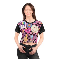 This personalized crop top has both comfort and style in spades. Add whimsical patterns, feel-good designs and create a unique AOP crop tee that's perfect for everyday wear. Made 100% with silky soft polyester that is both lightweight and breathable. .: 100% polyester .: Light fabric (6 oz/yd² (203 g/m .: Sewn-in care label .: Assembled in the USA from globally sourced parts Black Y2k Cropped T-shirt For Spring, Y2k Multicolor Tops For Streetwear, Black Y2k Crop Top For Streetwear, Y2k Style Black Crop Top For Streetwear, Y2k Tops With Sublimation Print For Spring, 90s Style Summer Crop Top For Streetwear, 90s Style Summer Streetwear Crop Top, Y2k Cropped Top With Graphic Print, Y2k Cropped Graphic Print Top