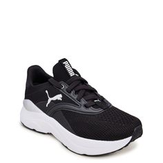 Boost your style and performance with these women's Puma Softride Mayve black/white athletic shoes. Boasting of knit upper, these sneakers have lace-up closure for an adjustable fit, Puma logo patch on the side for iconic look and comfortable padded tongue and collar. Softride comfort foam at the midsole ensures ultimate cushioning support all day long. Tread patterned outsole offers enhanced traction. | Puma Women's Softride Mayve Running Shoe in Black/White Size 6 Medium Dynamic Low-top Running Shoes With Puma Logo, Dynamic Low-top Puma Running Shoes, Puma Low-top Running Shoes For Athleisure, Low-top Puma Running Shoes In Athleisure Style, Puma Low-top Athleisure Running Shoes, Low-top Puma Athleisure Running Shoes, Casual Puma Running Shoes For Jogging, Dynamic Puma Sneakers For Jogging, Dynamic Puma Sports Sneakers