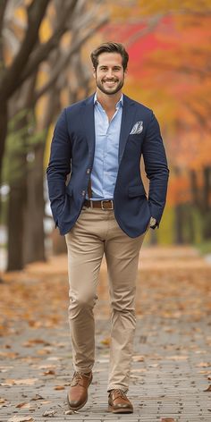 This fall wedding guest outfit formal look includes a navy blue blazer and a paisley pocket square f Navy Blue Mens Wedding Attire Casual, Blue Blazer Outfit Men Formal, Mens Outfit Semi Formal, Navy Suit Styling, Men's Formal Outfit, Mens Mix And Match Suits, How To Wear A Blue Blazer, Blazer Outfits Men For Wedding, Mens Outfits Wedding Guest