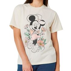 Embrace the charm of Disney and Minnie Mouse with this Junior's boyfriend tee! The front of the t-shirt features an enchanting graphic of Minnie Mouse dressed as a cowgirl. Minnie is wearing a pink skirt and a matching pink bandana around her neck. Surrounding Minnie are delicate pink flowers, adding a touch of whimsy and femininity to the design. This delightful graphic brings a playful and nostalgic vibe, making it a must-have for Disney fans. Crafted from 100% cotton, it ensures softness and Disney Minnie Mouse Crew Neck T-shirt, Disney Minnie Mouse Short Sleeve T-shirt, Minnie Mouse Graphic Tee Short Sleeve, White Minnie Mouse Graphic Tee, Minnie Mouse Disneyland, Boyfriend Plaid Shirt, Pink Bandana, Walt Disney Quotes, Minnie Mouse Dress