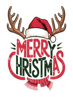 merry christmas lettering with reindeer antlers and santa's hat