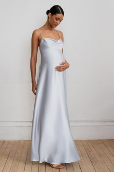 We took everything you love about the Addison bridesmaid dress, and redesigned her in a new maternity style! Cut with a higher empire waist seam, and a skirt to accommodate your baby bump! Simple Pregnant Wedding Dress, Pregnant Satin Dress, Silk Wedding Dress Pregnant, Maternity Bridesmaid Dress Blue, Slip Dress Pregnant, Pregnant Elopement Dress, Maternity Silk Dress, Maternity Formal Gown, Bump Friendly Bridesmaid Dress