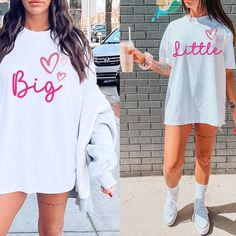 two women wearing matching shirts and shorts, one with the word's big written on it