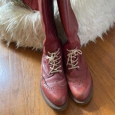 Lovingly Worn Unique Tall Dr Martens Boots With Laces Zipper On A Side For Closure Classic Red Workwear Boots, Red Round Toe Workwear Boots, Red Round Toe Work Boots, Red Round Toe Boots For Work, Vintage Brogue Boots For Fall, Vintage Red Boots For Fall, Fitted Burgundy Casual Boots, Vintage Red Boots With Leather Sole, Fitted Red Vintage Boots