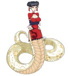 a woman in a red dress standing next to a snake