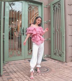 Chic Off-shoulder Top For Wedding, Elegant Off-shoulder Top For Spring Party, Feminine Organza Tops For Evening, Pink Off-shoulder Top For Spring Party, Feminine Organza Blouse For Parties, Feminine Organza Evening Tops, Spring Wedding Chiffon Tops, Feminine Organza Tops For Spring, Feminine Pink Off-shoulder Top For Summer