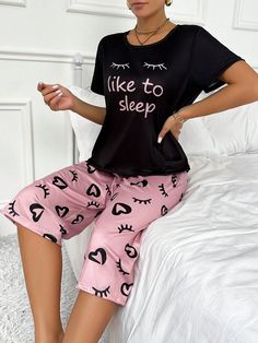 2pcs Women's Letter, Eyelash & Heart Print Short Sleeve T-Shirt And Capri Pants Pajama Set Multicolor Casual-Young  Short Sleeve Knitted Fabric Geometric,Letter,All Over Print Pant Sets Medium Stretch All Women Sleep & Lounge, size features are:Bust: ,Length: ,Sleeve Length: Sleepwear Women Pajamas, Summer Pajama Set, Print Pajamas, Pajama Set Women, Floral Print Shorts, Puff Sleeve Top, Kids Sleepwear, Heart Print, Pajamas Women