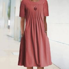 Summer Solid Color Bech Dress Round Neck Pullover Short Sleeve Midi Dress Women's Casual Loose Dress Vestidos De Mujer Breezy Dress, Langer Rock, Crewneck Dress, Midi Short Sleeve Dress, Red Midi Dress, Mid Length Dresses, Belleza Natural, Types Of Skirts, Womens Midi Dresses