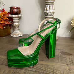 Vivianly Metallic Green Clear Toe Strap Platform Wide Heel Sandals Never Worn New No Tags Size 8 Green Sandals With Heel Strap For Party, Green High Heel Party Sandals, Green High Heel Sandals For Party, Green Ankle Strap Sandals For Party, Green Open Toe Heels For Party, Green Platform Sandals For Party, Green Open Heel Sandals For Night Out, Green Ankle Strap Heels For Night Out, Green Sandals With Heel Strap For Night Out