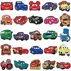 the cars are all different colors and designs on this pinback sticker sheet,