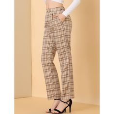 These pants are essential for dressing up or down. Lightweight fabric, covered in a plaid pattern, shapes these trendy trousers with a high-rise fit. How it is a bit high waist and how it gathers at the waist adding shape to the body. You may love everything about these trousers, from their regular fit to the elastic high-waist, which could double as a hiding mechanism for women with love handles. Style these trousers with a crop top and heels for the ultimate look. This fashionable and trendy c Trendy Plaid Wide Leg Bottoms, Chic Plaid Straight Leg Pants, Plaid Ankle-length Pants With Pockets, Trendy Non-stretch Plaid Bottoms, Trendy High Waist Plaid Bottoms, Trendy Plaid Cotton Pants, Trendy Plaid Trousers, Cotton Plaid Pants For Workwear, Plaid Cotton Pants For Work