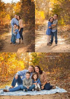 a family poses on a blanket in the woods for an outdoor photo shoot with fall foliage