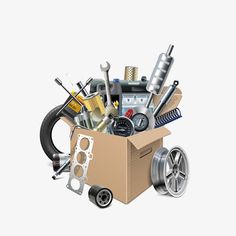 a cardboard box filled with different types of car parts and spares on white background