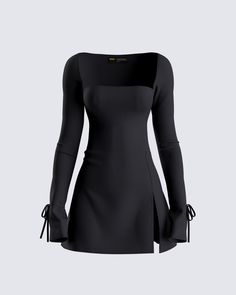 Kesia Black Mini Dress Black Dress With Sleeves, Mode Chic, Black Mini Dress, Mini Sweater Dress, Classy Dress, Black Mini, Long Sleeve Mini Dress, Bow Ties, Square Neckline