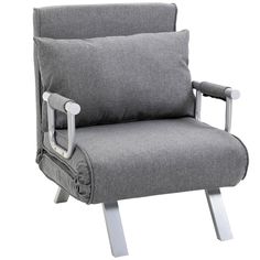 a gray chair with two arms and a pillow on the armrest, sitting in front of a white background