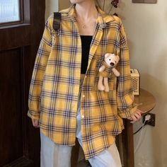 Adorable And Fun Plaid Shirt! Bear Plush Included Inside Pocket! Removable Kawaii And Chic Style Loose Fit Style For The Look This Listing Is For Yellow Gold. Other Colors Available In My Boutique New Nwt Trendy Yellow Cotton Shirt, Mustard Long Sleeve Casual Shirt, Trendy Yellow Collared Shirt, Casual Long Sleeve Yellow Shirt, Casual Yellow Long Sleeve Shirt, Trendy Yellow Fall Shirt, Trendy Yellow Shirt For Fall, Casual Yellow Shirt For Fall, Yellow Shirt With Button Closure For Fall