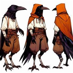 three black crows with orange capes standing next to each other