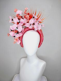 Local delivery and drop off available for $55 In LOUISVILLE thurs 5/2 and fri 5/3 only. Add shipping upgrade at checkout. Confirm availability before purchase!!  From the 2024 Featured Milliner of the Kentucky Derby Museum  Gorgeous Kentucky Derby hat fascinator  kentucky derby hat fascinator orange feathers on iridescent crystal coral headband with light pink wire mesh flowers,baby pink leaves headband attachment each hat is totally one of a kind! no two are alike! I can probably add feathers, flowers etc to existing hats for a small fee. I cannot remove anything from existing hats. Just message me and see if we can make it work! :) I cannot make custom order from scratch. My schedule is unfortunately too crazy :( *All hats are sold as displayed. No returns do to nature of product (headwe Whimsical Pink Headpiece With Handmade Flowers, Whimsical Pink Headband Fascinator, Pink Whimsical Headband Headpiece, Whimsical Red Headband Style Headpiece, Red Whimsical Headband Style Headpiece, Whimsical Pink Headband With Handmade Flowers, Whimsical Pink Headband Costume Hat, Pink Headband For Royal Ascot Costume, Pink Headband Costume Hat For Kentucky Derby