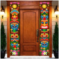 the front door is decorated with colorful decorations