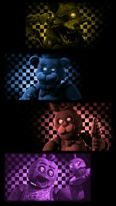 four different colored images of teddy bears in the dark