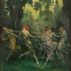 an image of a painting of people dancing in the woods with trees behind them and grass on the ground