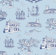 a blue and white wallpaper with many different things on it