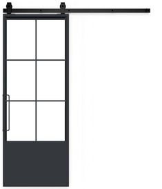 an open glass door with black frame and metal bars on the bottom, in front of a white background