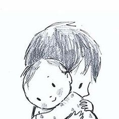 a drawing of a child hugging another child's head with their arms around each other