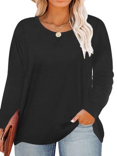 PRICES MAY VARY. This plus size top is soft and stretchy, very comfy for all-day wear. Plus size long sleeve tee shirts features crewneck, solid color and high low hem, bring a casual yet stylish look, you will be powerless to resist it's charm! Pairing this plus size tunic shirts with leggings or jeans, suits for daily, going out, party, work and casual wear. We provide standard US plus size in size dropdown list, please select the size you usually wear. Customers' satisfaction is of the utmost Trendy Solid Color Long Sleeve Crew Neck Top, Solid Color T-shirt For Layering In Fall, Solid Color T-shirt For Fall Layering, Fall Layering T-shirt, Fall Layering Solid Color T-shirt, Trendy Long Sleeve Solid Color T-shirt, Comfortable Black Top For Fall, Solid Long Sleeve T-shirt For Everyday, Long Sleeve Solid Color T-shirt For Everyday