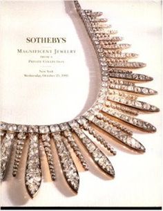 "SOTHEBY'S New York Auction Catalog.  Sale Number 6757.  Sale date October 25, 1995   MAGNIFICENT JEWELRY from a Private Collection.   107 lots shown in full color in this Hardcover catalog with dust jacket.   \"Most impressive in this collection are the amazing 19th century jewels and dazzling gemstones.   Of special note is a necklace whose origins can be traced to the sale of the French Crown Jewels in 1887 and whose diamonds once adorned the ravishing young Empress Eugenie the day of the christening of her son, the Prince Imperial.   Among the splendid gemstones assembled here is a magnificent assortment of diamonds, including a rare heart-shaped stone of fancy deep blue color.   Outstanding among the colored stones is a very beautiful emerald ring by Van Cleef & Arpels. Completing thi Empress Eugenie, Van Cleef & Arpels, Auction Catalog, October 25, Crown Jewels, Van Cleef Arpels, Emerald Ring, Dust Jacket, Stone Color