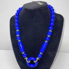 NOS Vintage Genuine Lucite Tag Blue Bead Necklace 19" Chain Goldtone Spacers. Blue Beaded Necklaces In Costume Jewelry Style, Blue Polished Beads Costume Jewelry Necklace, Blue Beaded Chain Necklace In Costume Jewelry Style, Blue Beaded Chain Necklace Costume Jewelry, Blue Costume Jewelry Necklaces With Polished Beads, Vintage Blue Beaded Chain Necklace, Vintage Blue Necklaces With Polished Beads, Vintage Blue Necklace With Colorful Beads, Vintage Blue Necklaces With Colorful Beads