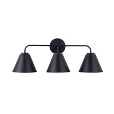 three light black bathroom fixture with an adjustable arm and two shades on the wall,