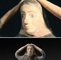 two pictures one with a statue and the other with an image of a woman's head