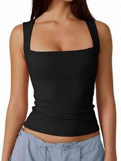 Plus Size Casual Solid Color Fitted Tank Top, Summer Black Casual   Knitted Fabric Plain Tank Medium Stretch  Women Plus Clothing, size features are:Bust: ,Length: ,Sleeve Length: Double Layer Tank Top, Layered Tank Top, Jeans Overall, Jeans Cargo, Korean Casual, Square Neck Top, Cardigan Sweater Dress, Layering Tanks, Maxi Robes