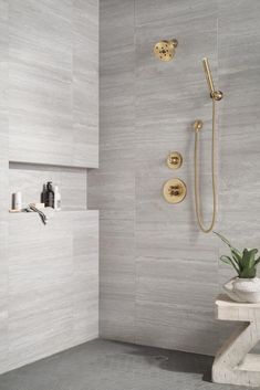 Signature Hardware Shower System, Delta Trinsic Shower System, White Shower Gold Fixtures, Side By Side Shower Heads, Delta Shower Head, Shower Heads With Handheld Wall Mount, Shower Gold Hardware, Gold Shower Fixtures, Gold Shower Head