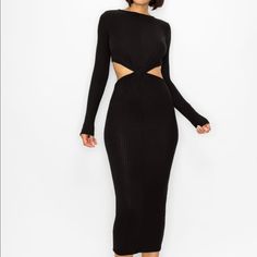 Long Sleeve, Midi Dress, Cut-Out Dress, Ribbed Dress. Black Ribbed Maxi Dress For Night Out, Spring Black Ribbed Maxi Dress, Black Ribbed Midi Dress For Date Night, Black Ribbed Dresses For Night Out, Spring Black Ribbed Dress, Black Ribbed Dress For Spring, Black Ribbed Evening Dress, Black Ribbed Dress For Date Night, Off Shoulder Cocktail Dress