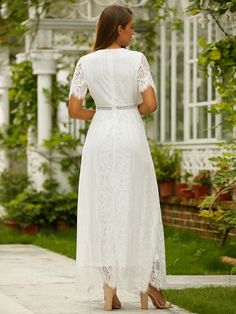 White Casual Solid Lace Short Sleeve V-neck Dresses - Azzlee V-neck Maxi Dress With Lace Trim, White Non-stretch Maxi Dress With V-neck, Spring Wedding V-neck Dress With Surplice Neckline, Spring Wedding V-neck Dress With Short Sleeves, Cotton Casual Pants, Floral Print Pants, Half Sleeve Blouse, Blouse Sale, Casual Long Sleeve Shirts