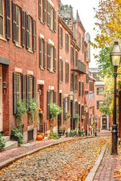 a cobblestone street lined with brick buildings and autumn leaves on the ground next to a lamp post