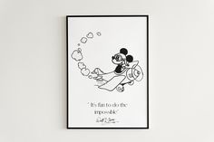 a black and white poster with an image of mickey mouse on it's back