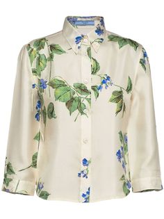 cream white, multicolour silk twill weave all-over floral print button-down collar long sleeves buttoned cuffs rear triangle logo rear locker loop internal logo tag curved hem front button fastening Prada Shirt, Valentino Clothing, Trend 2024, Printed Silk Shirt, Floral Print Shirt, Twill Shirt, Triangle Logo, Tshirt Skirt, Silk Twill