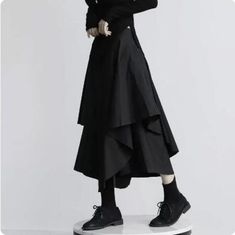 Japanese women's Street style wide leg pants high waisted loose skirt pants Waist height: high waist   Popular element: Asymmetry   Color: Black White   Clothing style details: ruffles   Pant length: cropped pants   Pant type: wide leg pants   Size :   S: Skirt length: 70cm Waist: 60-72cm (elastic waist)   M: Skirt length: 71cm Waist: 66-76cm (elastic waist)   L: Skirt length: 72cm Waist: 72-82cm (elastic waist)   XL: Skirt length: 73cm Waist: 76-86cm (elastic waist)   Does not include other ite Midi Skirt Y2k, Estilo Harajuku, Style Wide Leg Pants, Cashmere Outfits, Skirt Y2k, High Waisted Pleated Skirt, Pants Skirt, Black Pleated Skirt, Irregular Hem