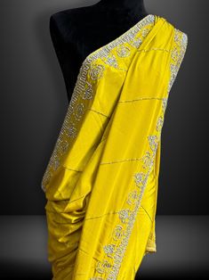 yellow saree crepe silk handwork zarkan border designer wedding party wear, comes with pre stitched blouse Yellow Pre-draped Saree With Resham Embroidery, Yellow Resham Embroidered Pre-draped Saree For Festivals, Yellow Semi-stitched Pre-draped Saree With Resham Embroidery, Yellow Pre-draped Saree With Zari Work, Yellow Pre-draped Saree With Resham Embroidery For Festive, Yellow Pre-draped Saree With Resham Embroidery For Festive Occasions, Festive Yellow Pre-draped Saree With Resham Embroidery, Elegant Yellow Pre-draped Saree With Traditional Drape, Yellow Fitted Pre-draped Saree For Designer Wear