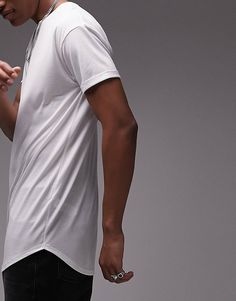 Topman longline T-shirts in white | ASOS White Curved Hem Top For Spring, White Top With Curved Hem For Spring, Fitted Summer Tops With Curved Hem, Fitted Summer Top With Curved Hem, Long A Line, Asos, Free Delivery, T Shirts, T Shirt