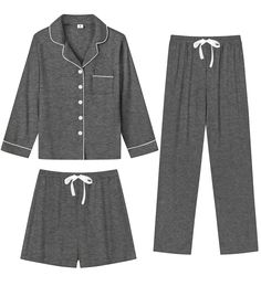 PRICES MAY VARY. SUPER COMFORTABLE PAJAMAS: Soft pajamas set is made of Modal (95% Rayon and 5% Spandex) fabric, which is ultra soft, lightweight and stretchy.Women 3pcs pj set, short sleeve sleepwear top with pajama shorts set and long lounge pants set, featuring classic casual lounge set style, soft, lightweight, for a relaxing day or night. 3 PCS PAJAMA SET FOR WOMEN: Comfy sets for women featuring classic sleepwear style. Women's pjs sets comes with comfy short sleeve pajamas shirt, pajama s Button Down Pajamas, Long Lounge, Pajamas Shirt, Womens Pjs, Bridesmaid Pyjamas, Cute Sleepwear, Comfy Sets, Comfortable Pajamas, Pj Shorts