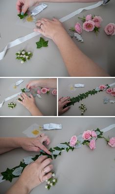 flowers being made with tape and scissors to make a flower crown for the bride's bouquet