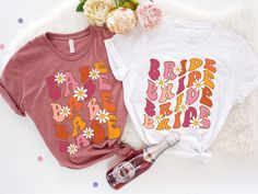 "This Retro Bachelorette Shirt shirt is perfect for each party goer at the Bachelorette party.   ♥ HOW TO ORDER ♥ 1. Select the \"Shirt Style + Size\" (see images for options). 2. Select the \"Shirt Color\" 3. Enter custom text under Personalization.  4. Add to cart and checkout  S I Z I N G   &   C O L O R S - Please refer to sizing and color charts in the images U N I S E X    T S H I R T  P R O D U C T   D E T A I L S - Printed with ink - Unisex Tshirt - The collar is ribbed knit, so it retains its shape even after washing. - Loose fit for a comfortable feel F A B R I C A T I O N  - Solid colors are 100% cotton except Ash - 99% cotton and 1% polyester,  - Heather colors are 52% cotton, 48% polyester (Athletic Heather and Black Heather are 90% cotton, 10% polyester) C A R E    I N S T R Vintage Party Tops With Letter Print, Retro Short Sleeve Top For Birthday, Vintage Letter Print Tops For Party, Vintage Summer Party T-shirt, Retro Party Tops With Graphic Print, Cotton Graphic Print T-shirt For Bachelorette Party, Vintage Graphic Print Party Tops, Retro Graphic Print Party Tops, Fitted Retro T-shirt With Custom Print