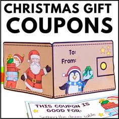 an open christmas gift coup book with penguins and santa claus on it, in front of presents