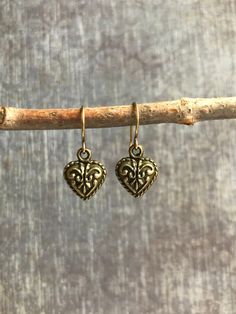 Brass Heart Drop Earrings, Vintage Heart Charm Drop Earrings, Vintage Gold Heart Earrings Nickel Free, Vintage Heart Charm Earrings For Valentine's Day, Vintage Gold Nickel-free Heart Earrings, Dainty Nickel-free Brass Earrings, Valentine's Day Brass Heart Charm Earrings, Brass Heart Charm Earrings For Gifts, Brass Heart Charm Earrings As Gift