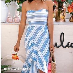 Blue And White Striped Ruffled Strapless Midi Dress Size Xs Never Worn New With Tags Royal Blue Skater Dress, Black Midi Dress Bodycon, Ribbed Bodycon Midi Dress, Blue Skater Dress, Midi Skater Dress, Purple Midi Dress, Lulus Dresses, Strapless Midi Dress, Midi Ruffle Dress